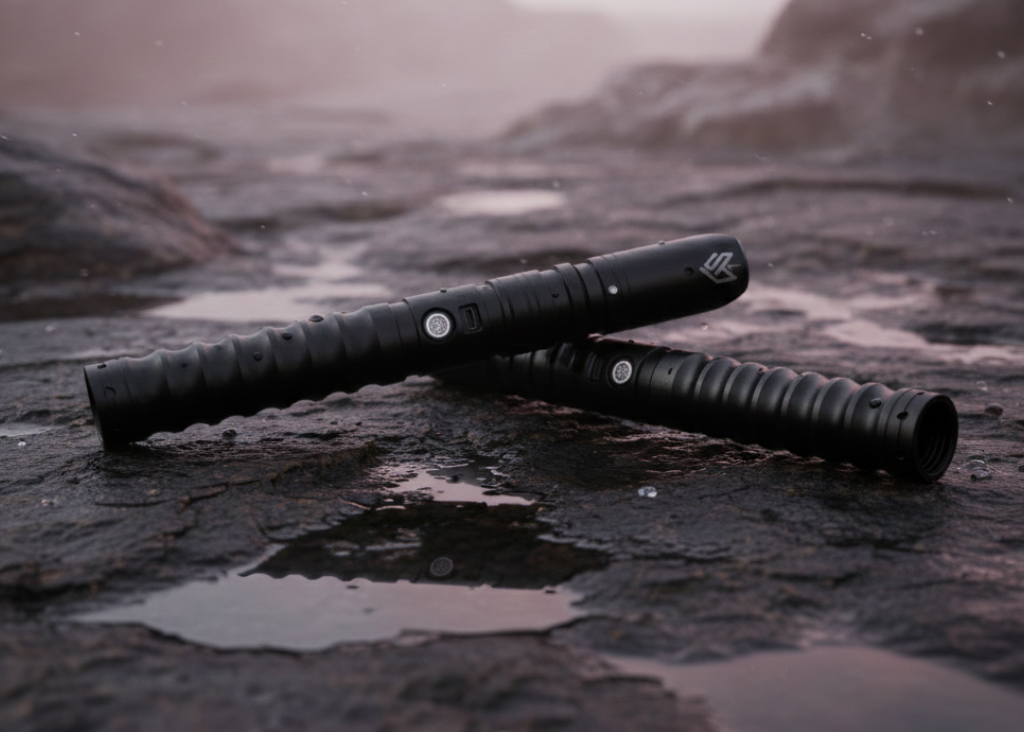 Two black handles on a rocky surface with a blurred natural background